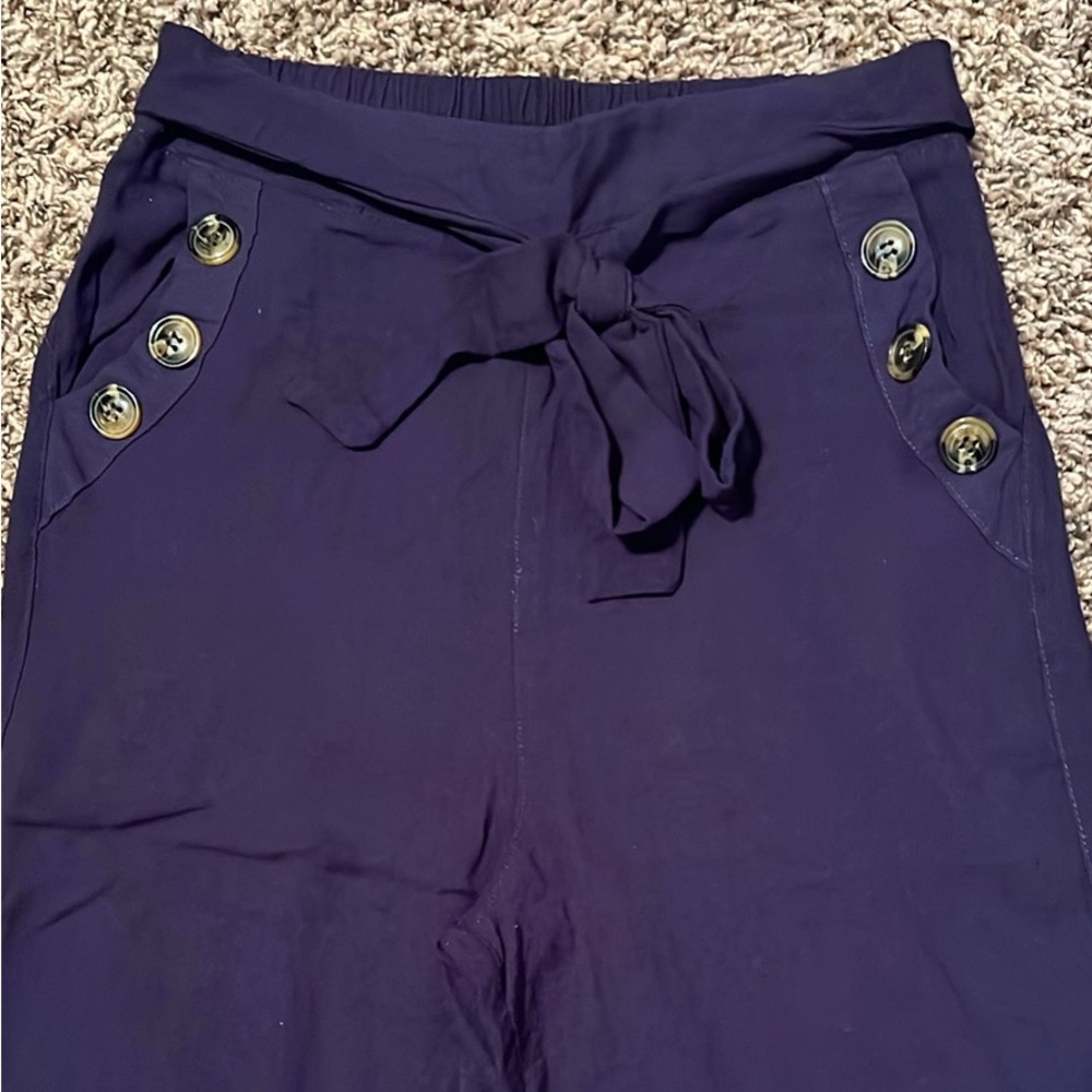 Navy Wide-Leg Tie-Waist Pants with Gold Button Accents
